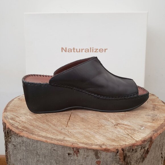 Naturalizer Tempi Black Leather Platform Wedge Sandals Sz 6M Like New - Picture 3 of 15